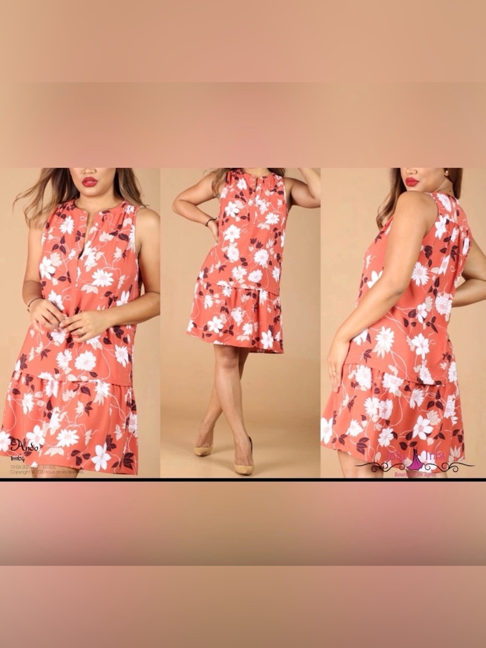 Sleeveless Coral Floral Tiered Dress
